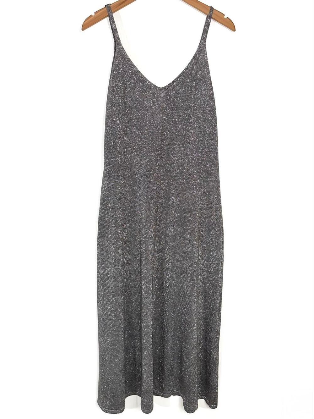 Taylor Gray Silver Metallic Shimmer Knit V-Neck Cami Tank Midi Dress Size XL